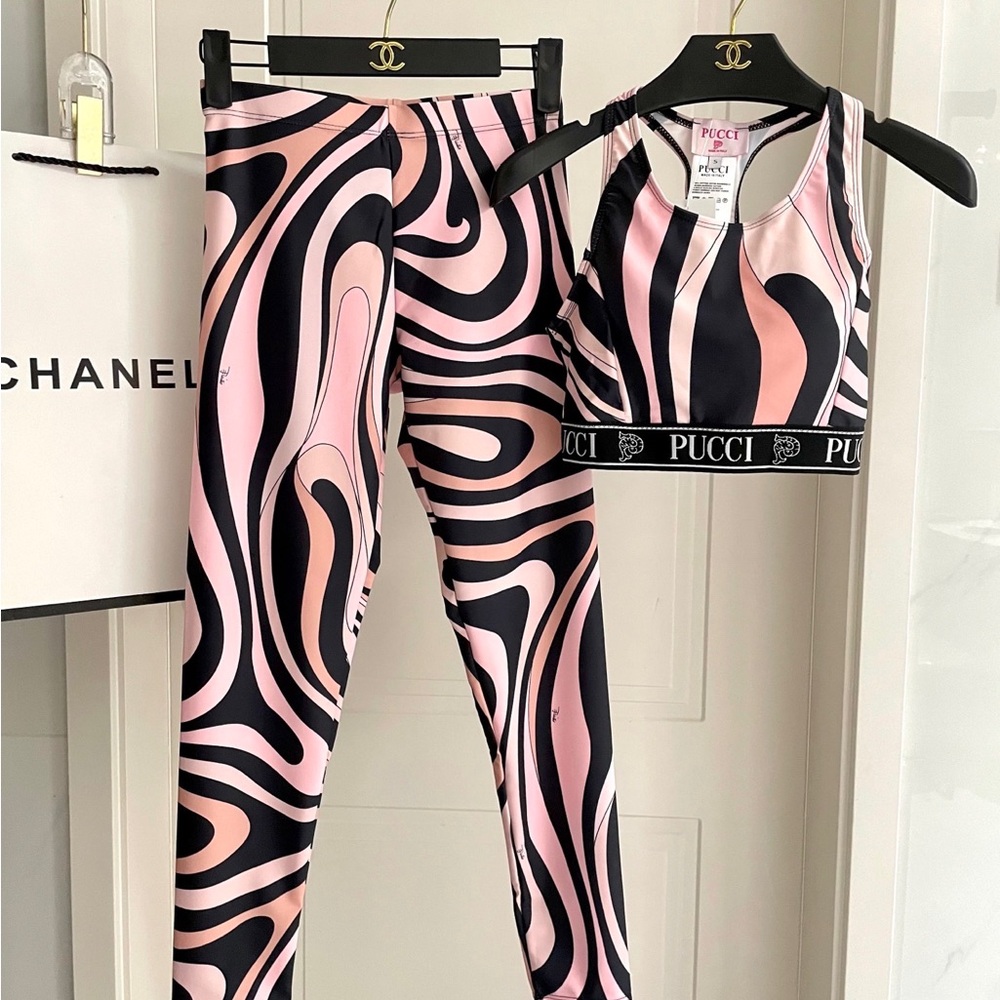 Emilio Pucci Pink and Black Swirl Leggings with Matching Sports Bra